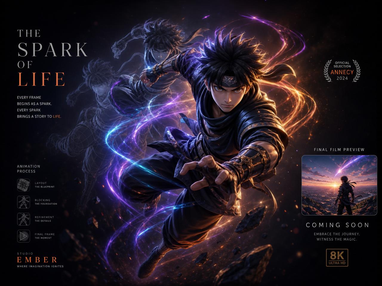 A stylized anime hero mid-action wrapped in glowing motion light trails, ghosted animation frames behind