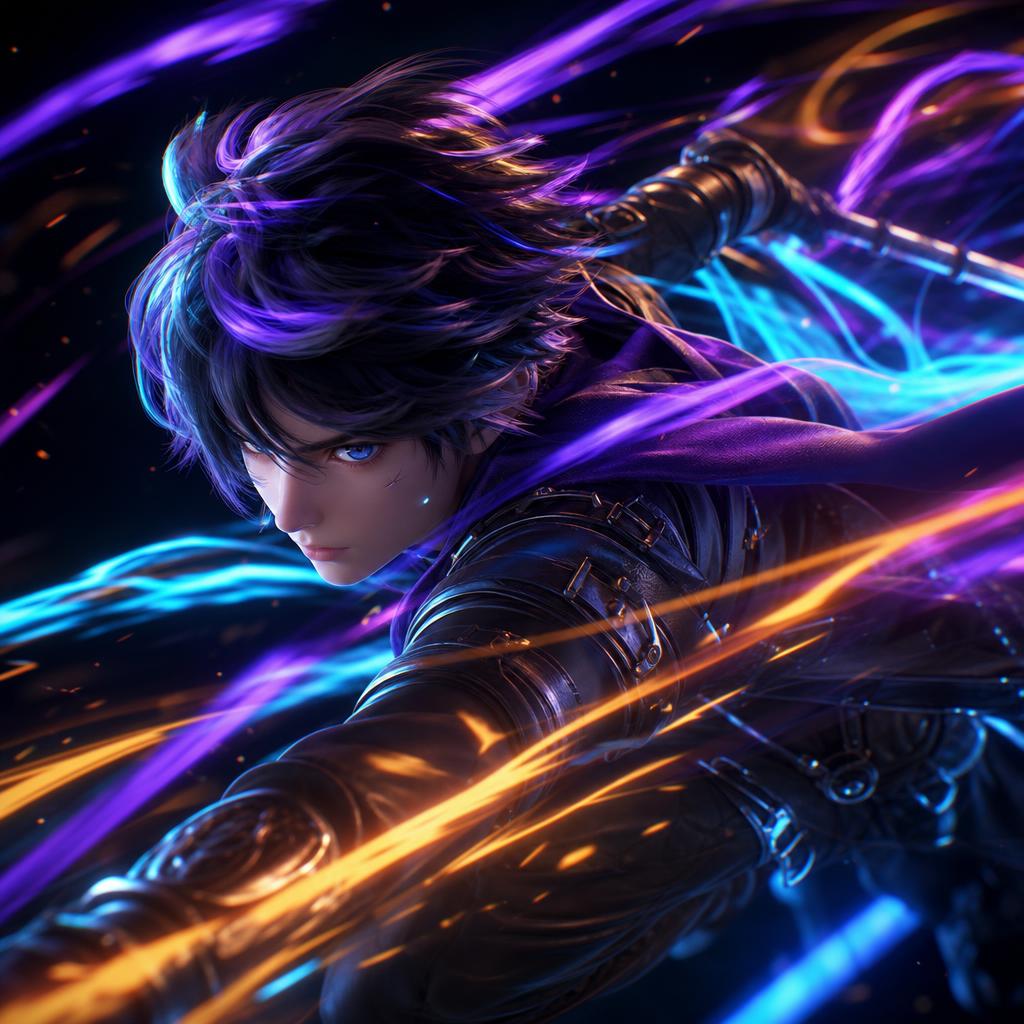 A stylized character mid-animation with motion light trails wrapping around it