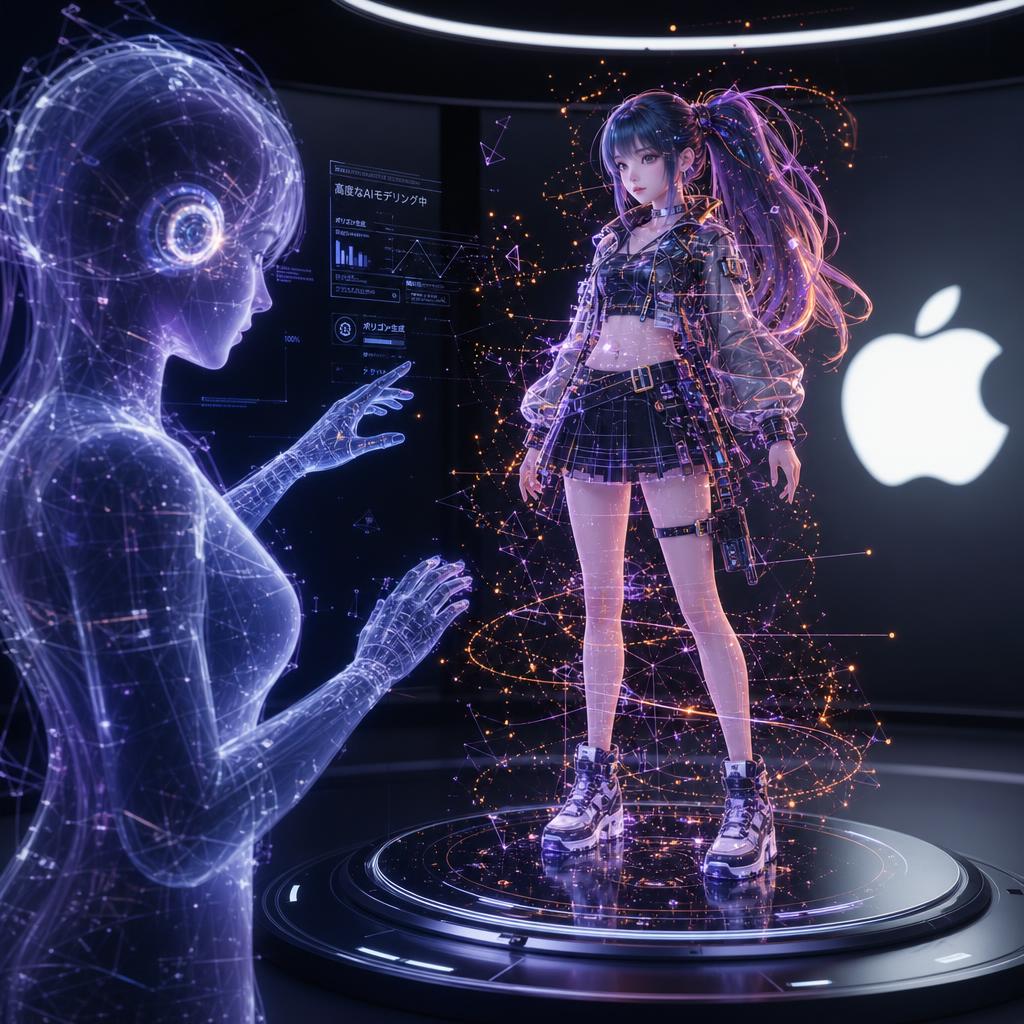 A holographic AI assembling a stylized 3D character from glowing wireframe geometry and particles