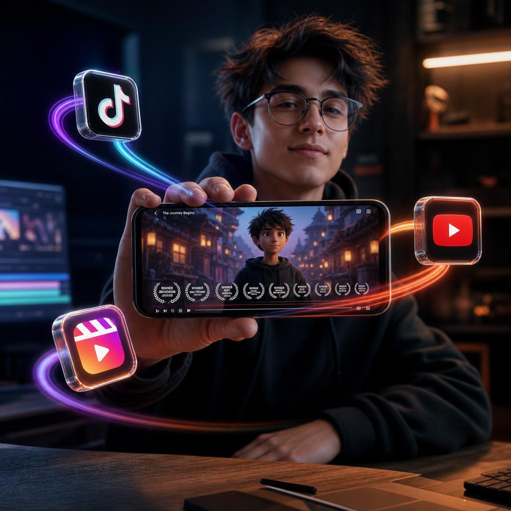 A creator holding a phone showing a finished animated video surrounded by floating social share icons